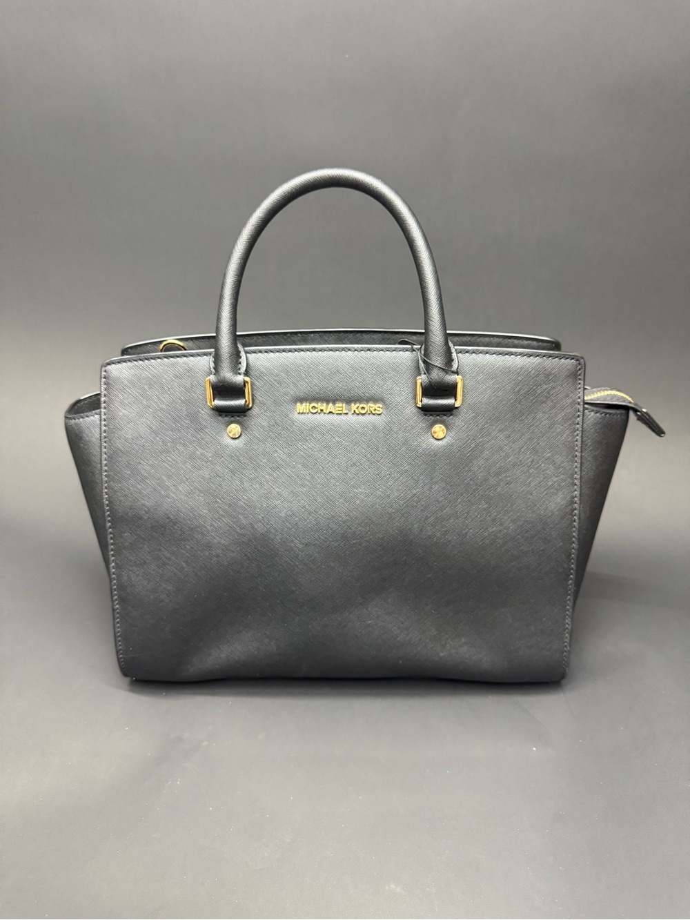 Michael Kors Black Leather Structured Satchel with Gold Hardware